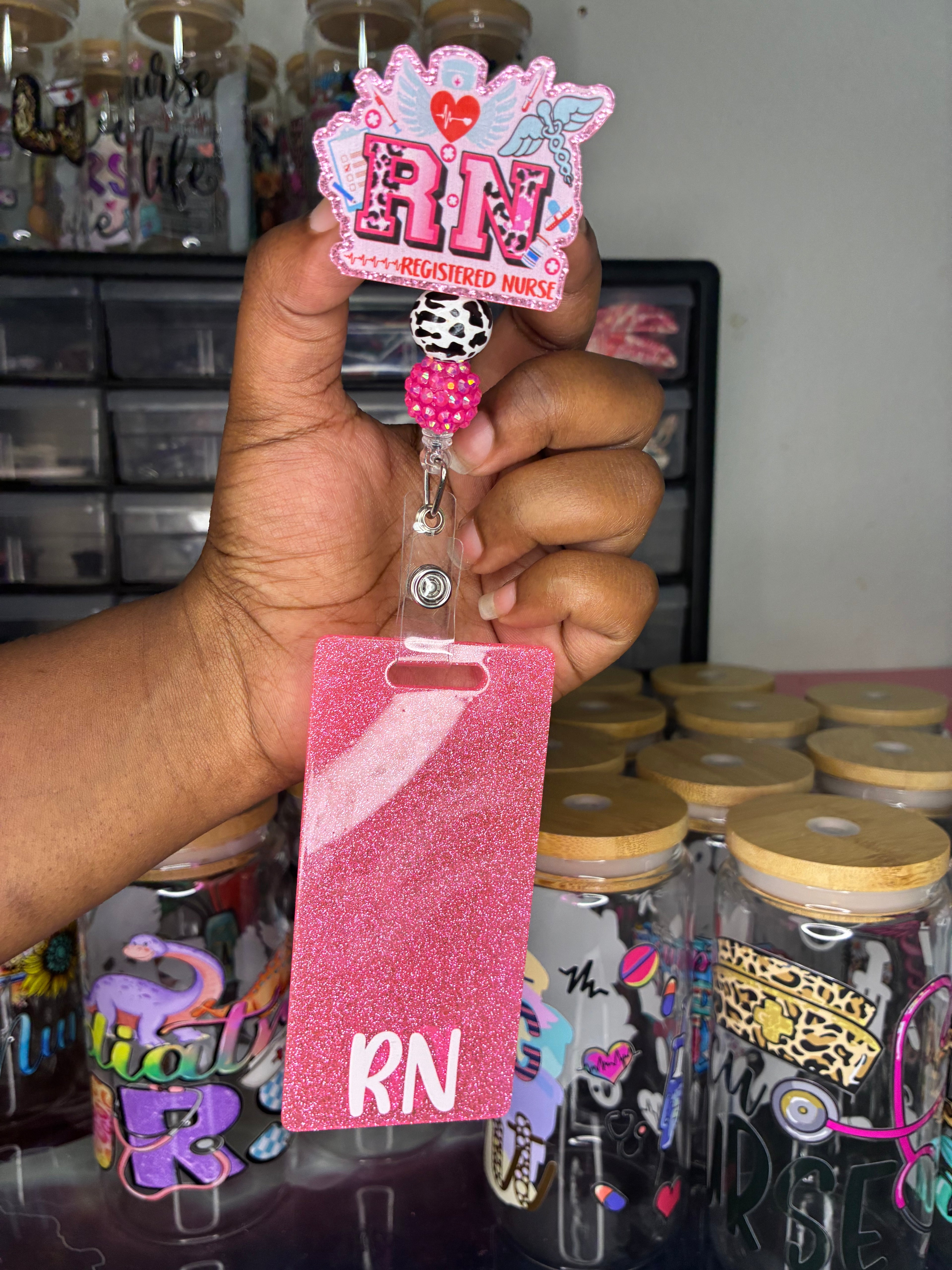 Pink Glitter RN Badge Buddy | Registered Nurse Badge Card | Cute Healthcare Badge Accessory