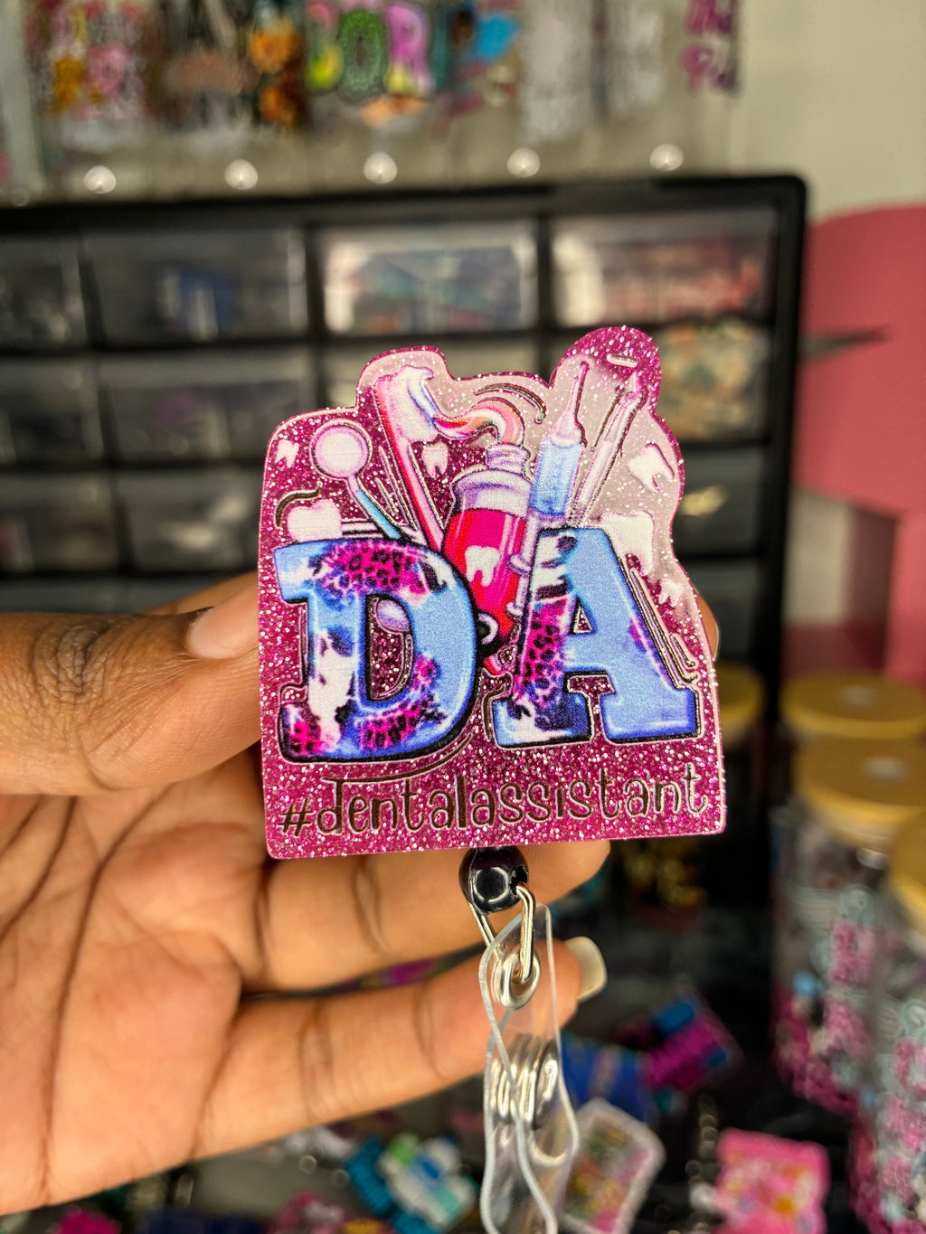 Dental Assistant Pink Glitter Badge Reel