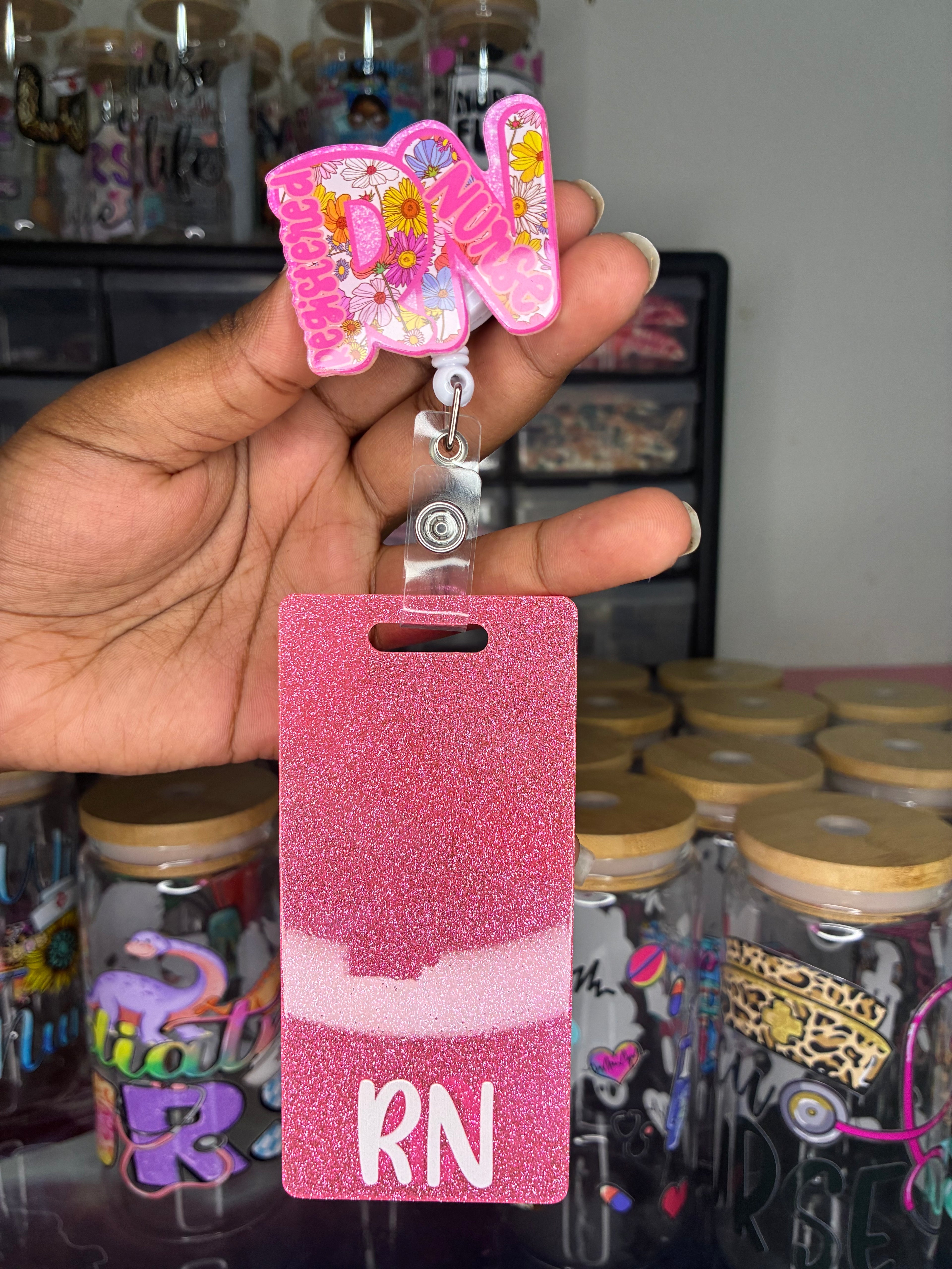 Pink Glitter RN Badge Buddy | Registered Nurse Badge Card | Cute Healthcare Badge Accessory