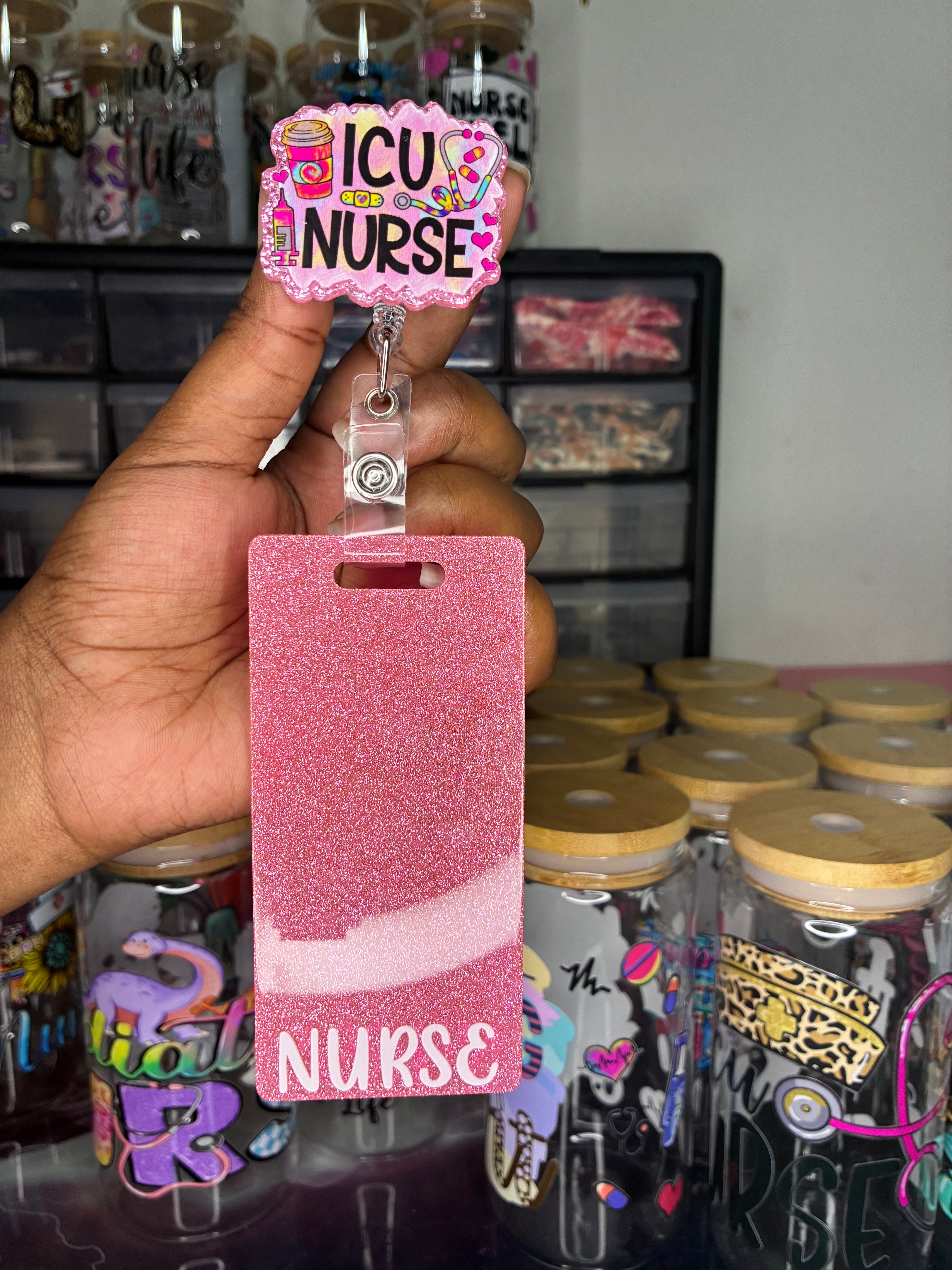 Pink Glitter Nurse Badge Buddy | Nurse Badge Card | Cute Healthcare Badge Accessory