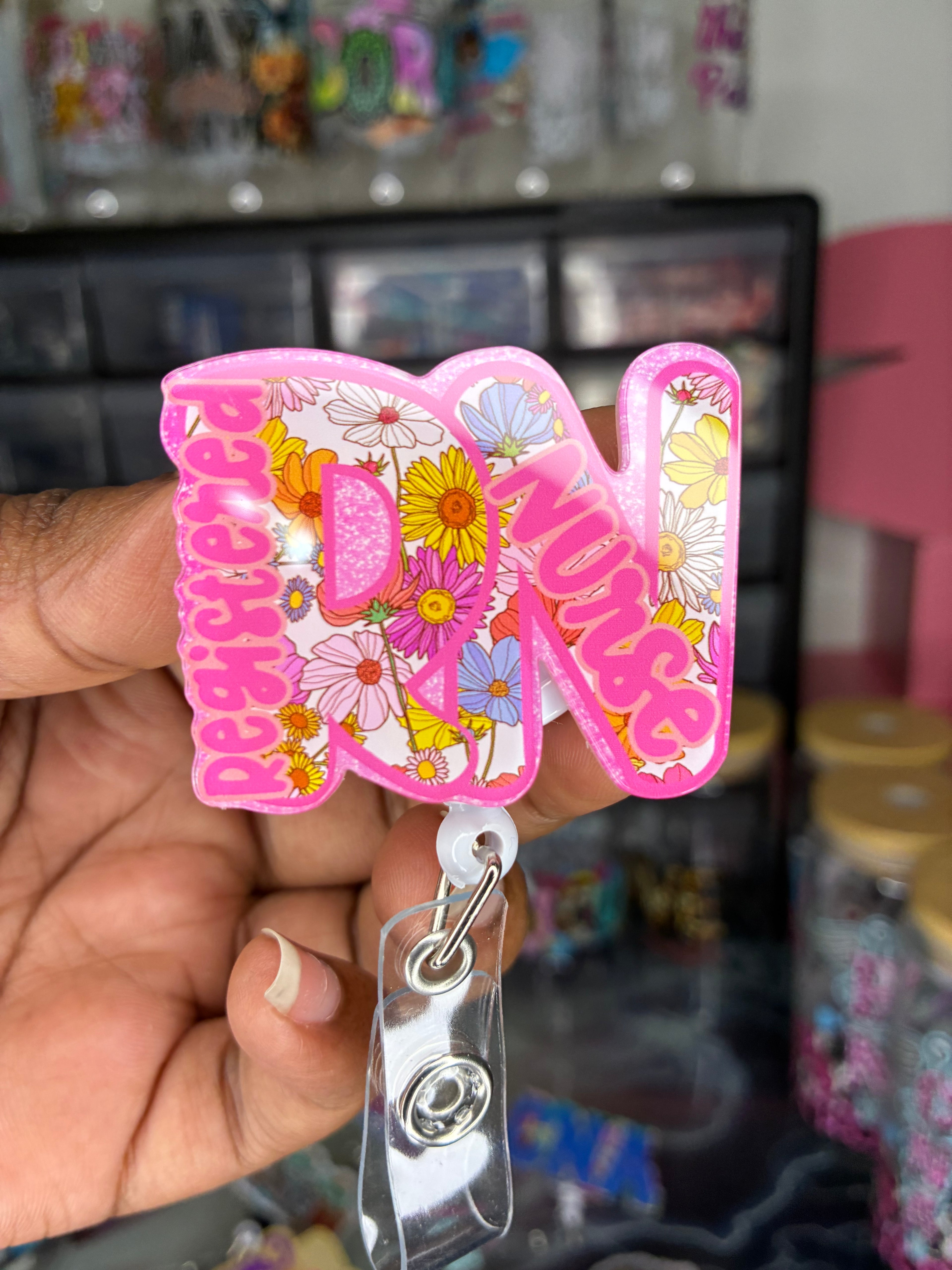 Registered Nurse Pink Floral Badge Reel