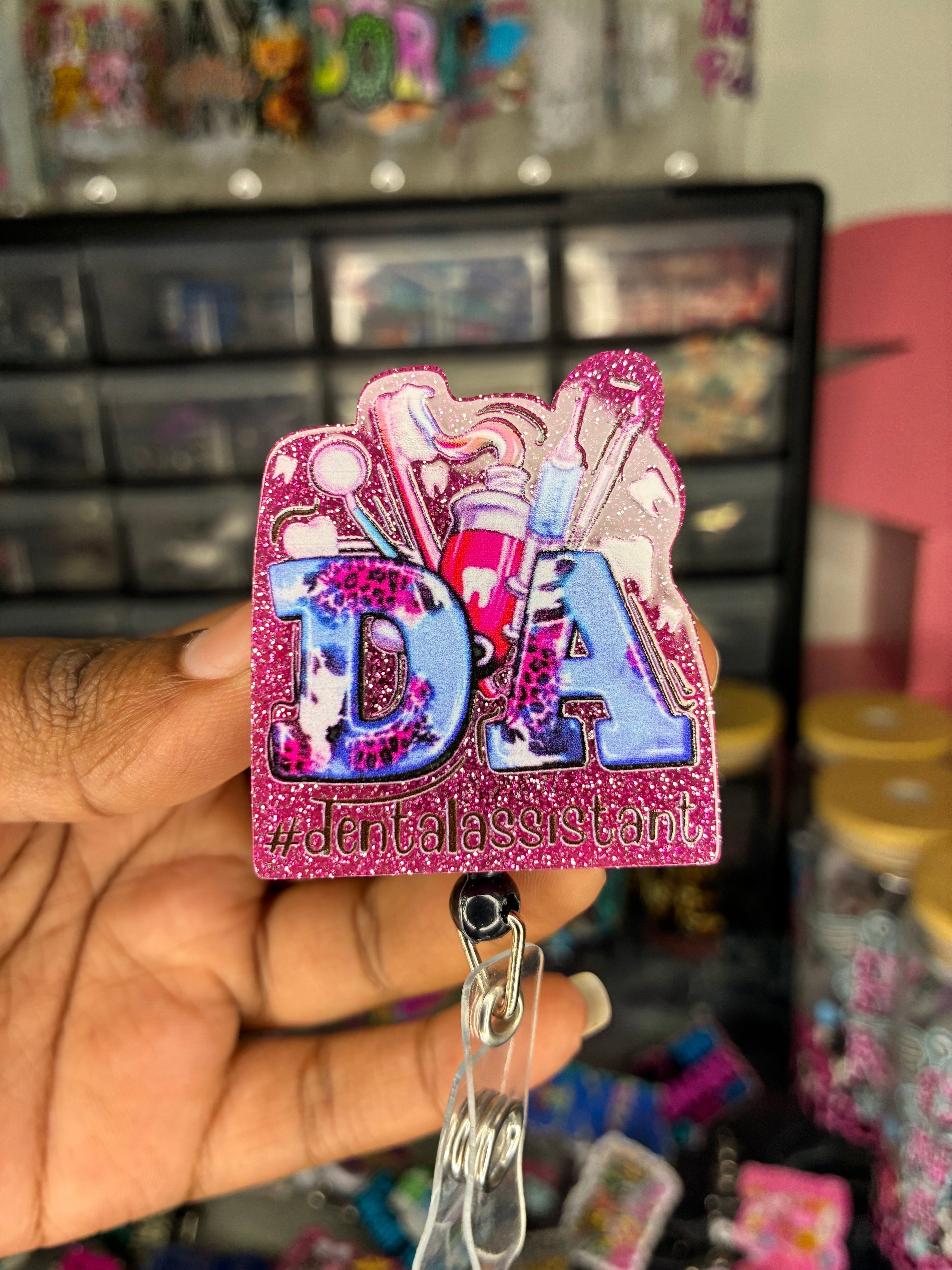 Dental Assistant Pink Glitter Badge Reel