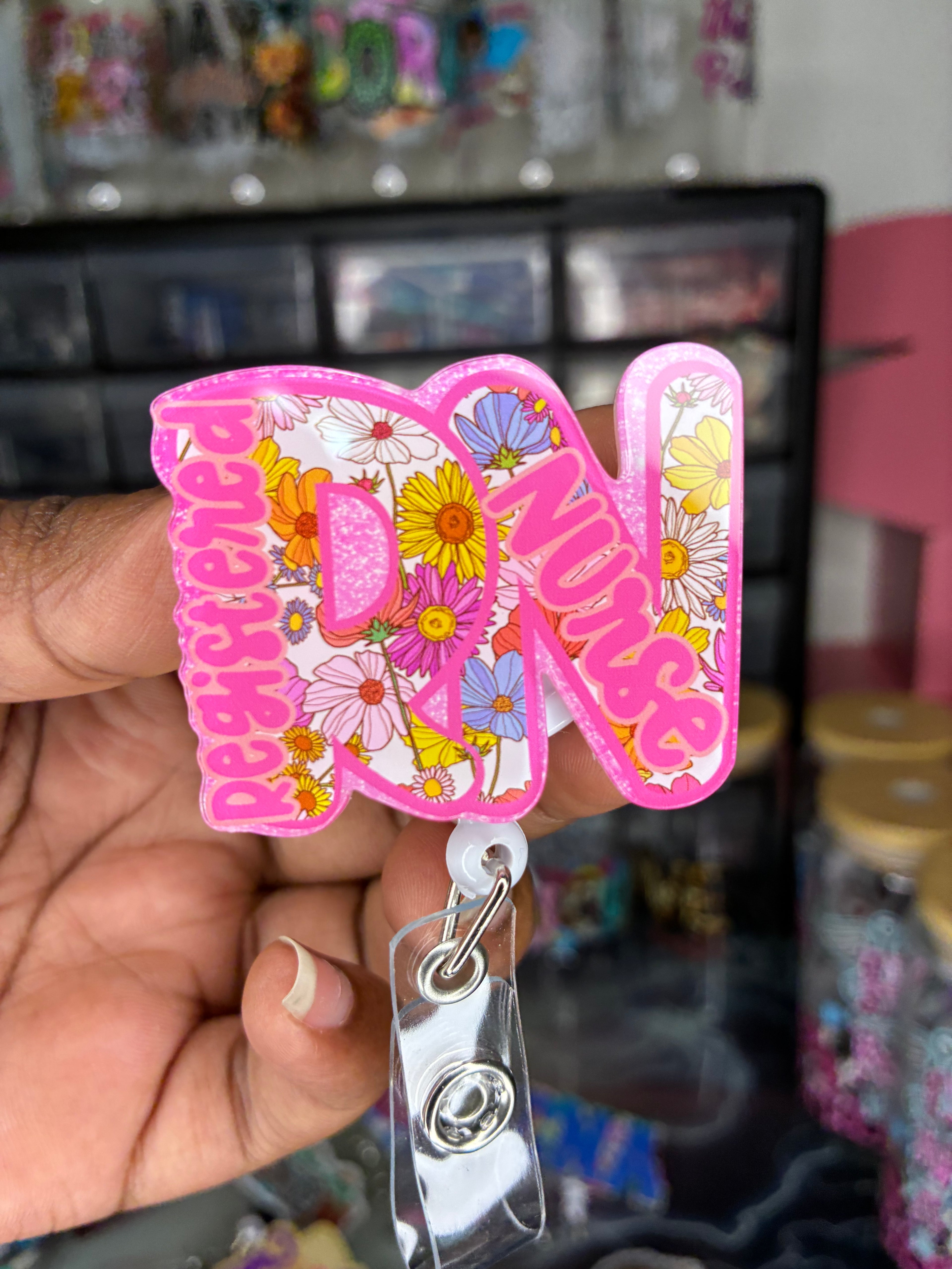 Registered Nurse Pink Floral Badge Reel