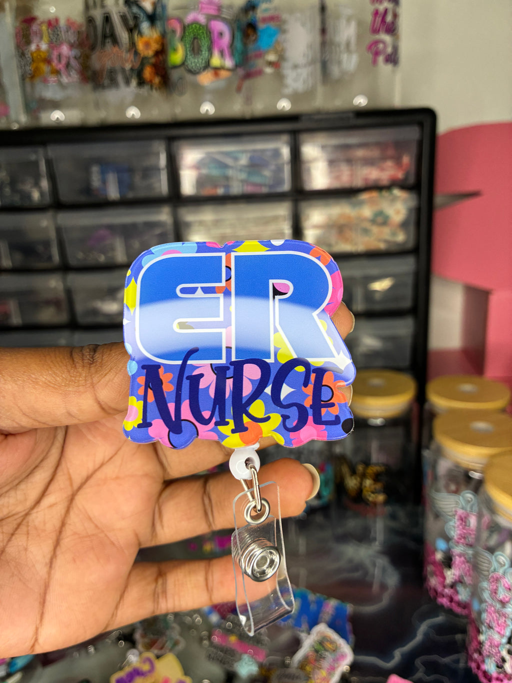 Floral ER Nurse Badge Reel