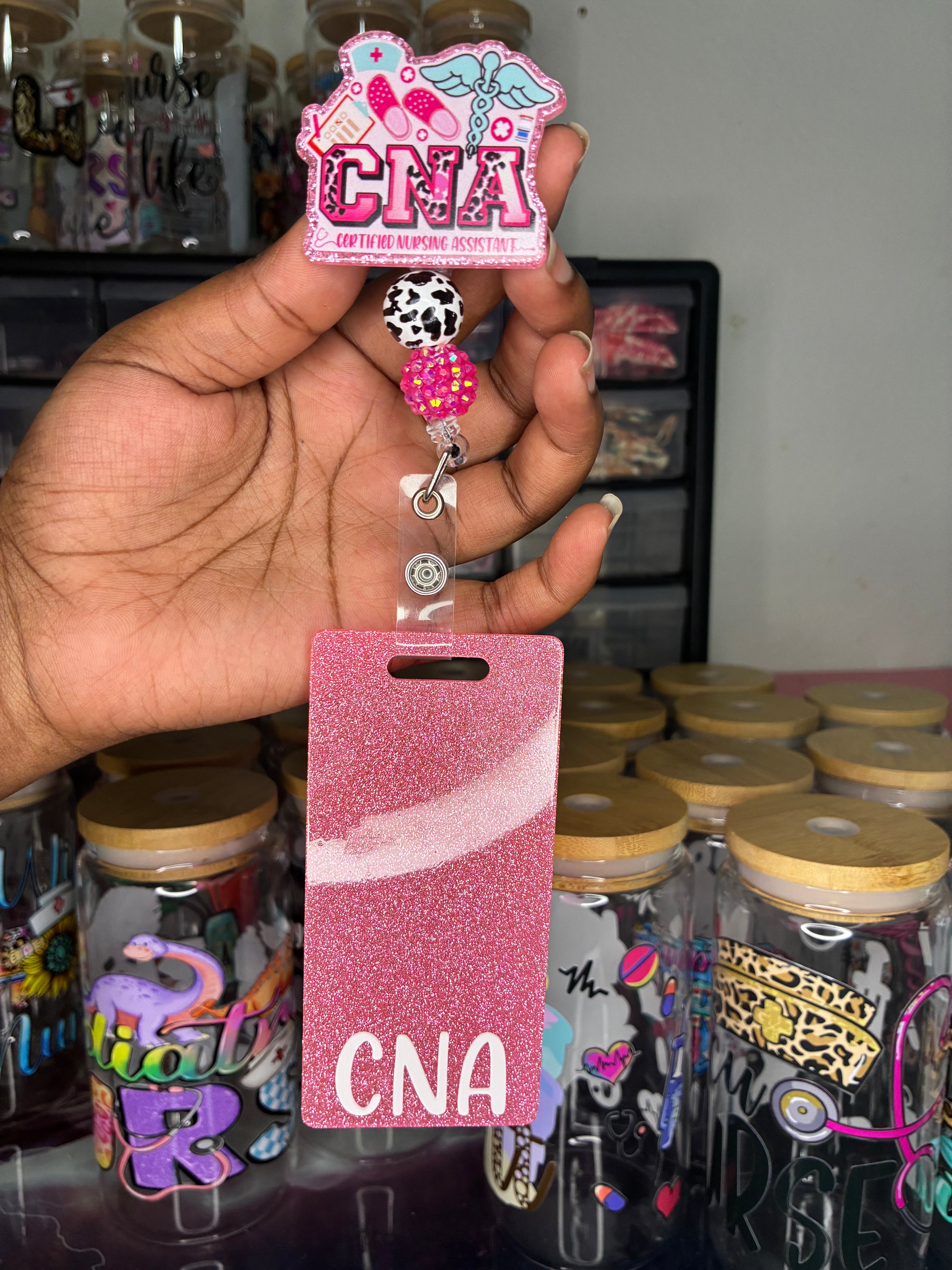 Pink Glitter CNA Badge Buddy | Certified Nursing Assistant Badge Card | Cute Healthcare Badge Accessory