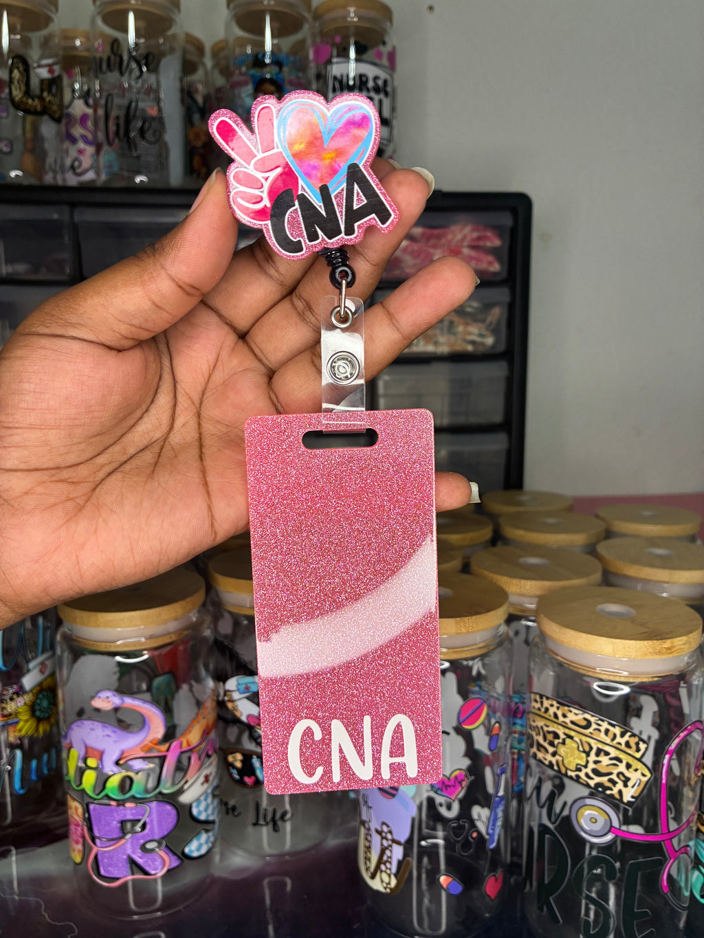 Pink Glitter CNA Badge Buddy | Certified Nursing Assistant Badge Card | Cute Healthcare Badge Accessory