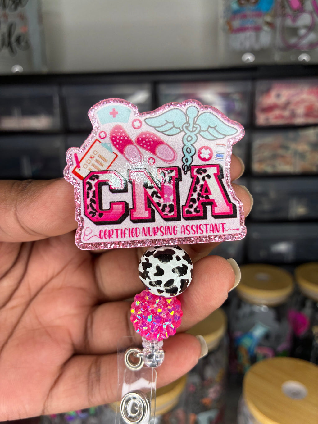 CNA Pink Leopard Beaded Badge Reel
