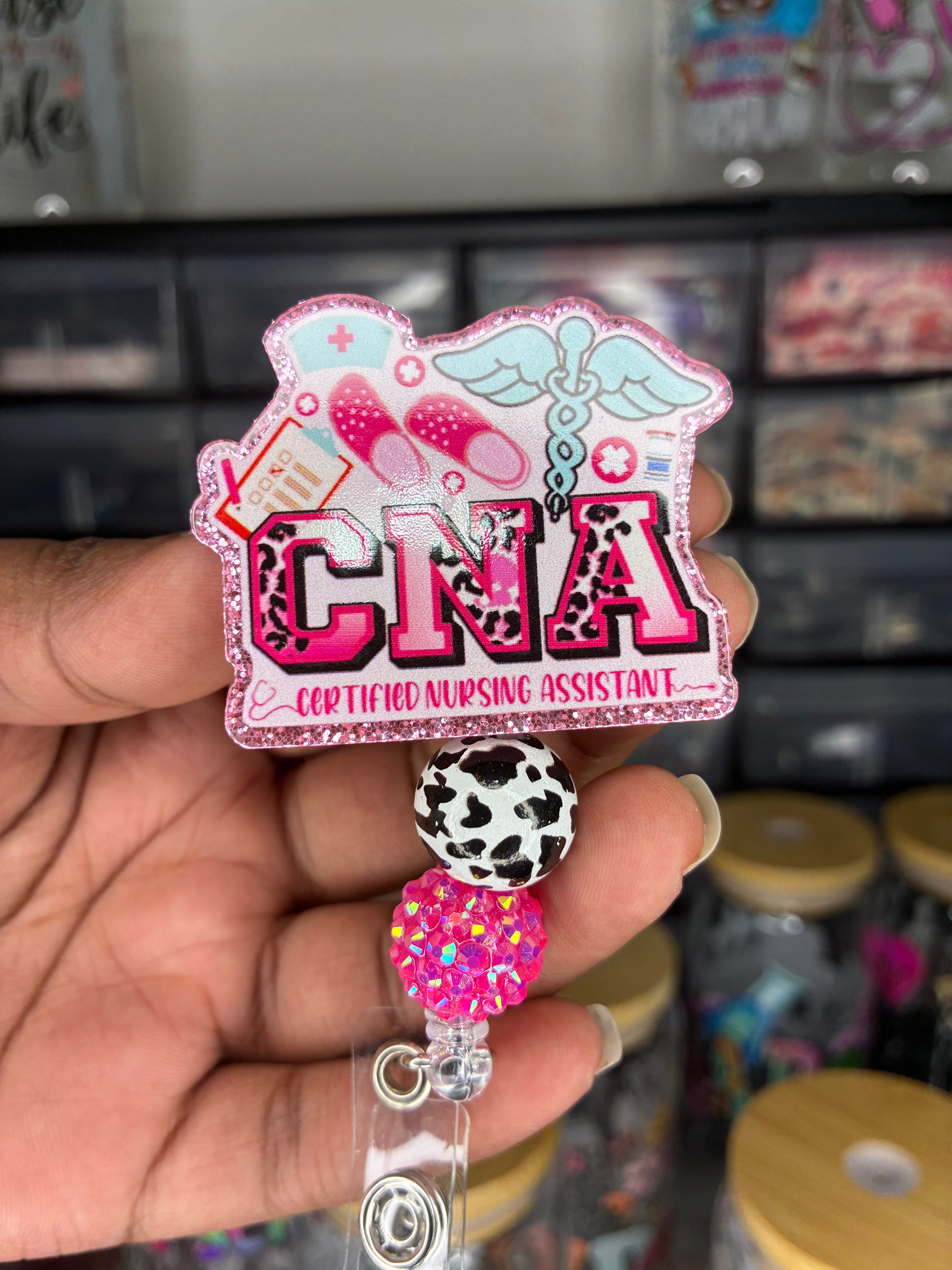 CNA Pink Leopard Beaded Badge Reel