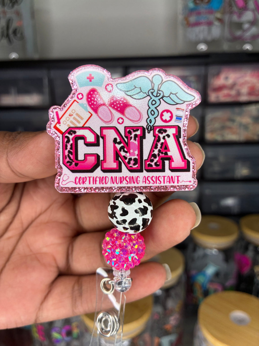 CNA Pink Leopard Beaded Badge Reel