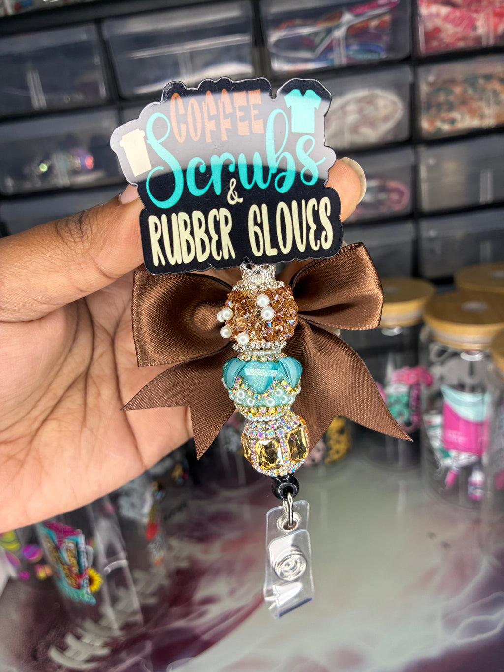 Premium Beaded Coffee Scrubs & Rubber Gloves Badge Reel | Healthcare Badge Reel | Nurse Badge Reel | CNA Badge Reel | Ready to Ship