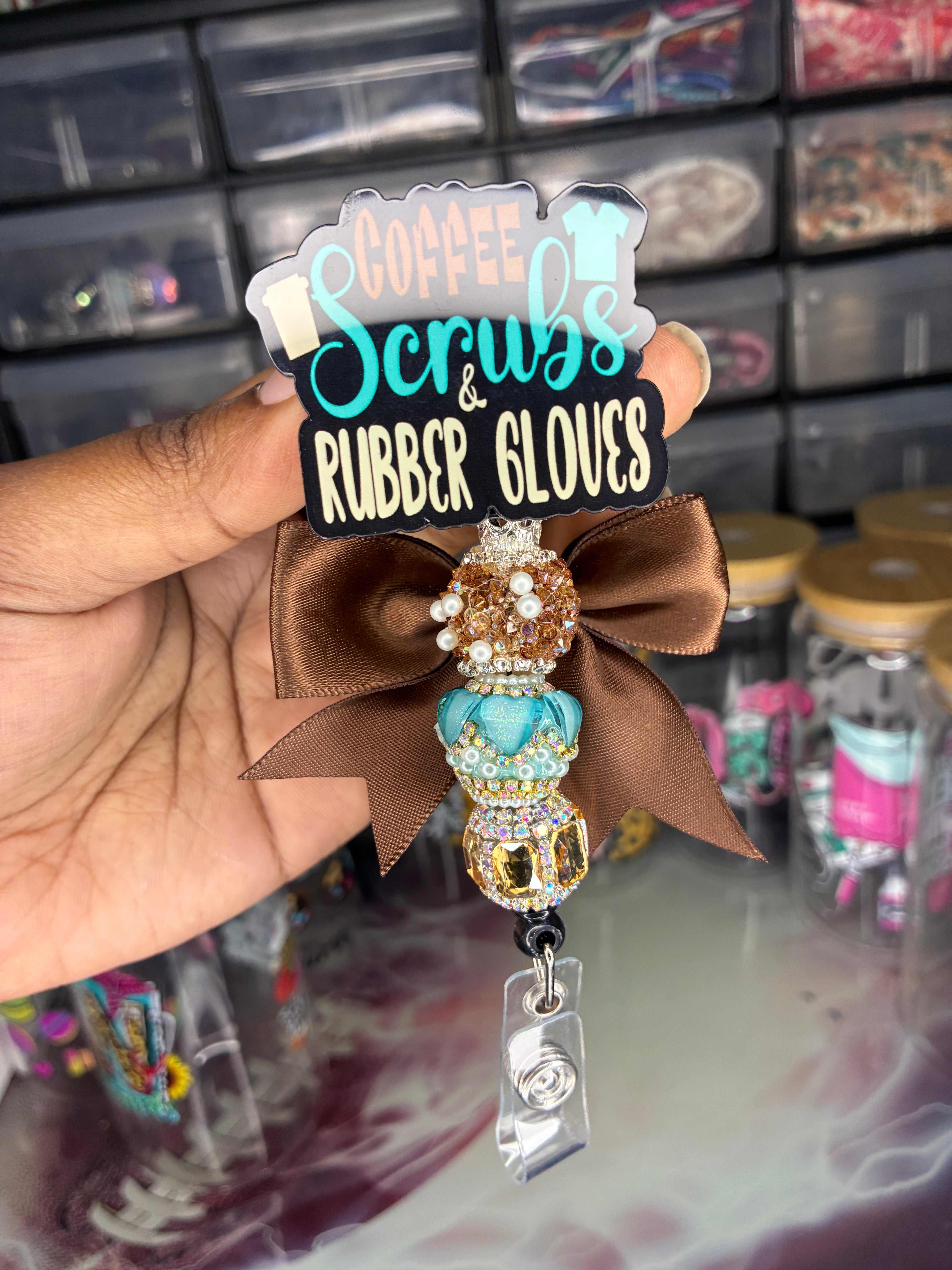 Premium Beaded Coffee Scrubs & Rubber Gloves Badge Reel | Healthcare Badge Reel | Nurse Badge Reel | CNA Badge Reel | Ready to Ship