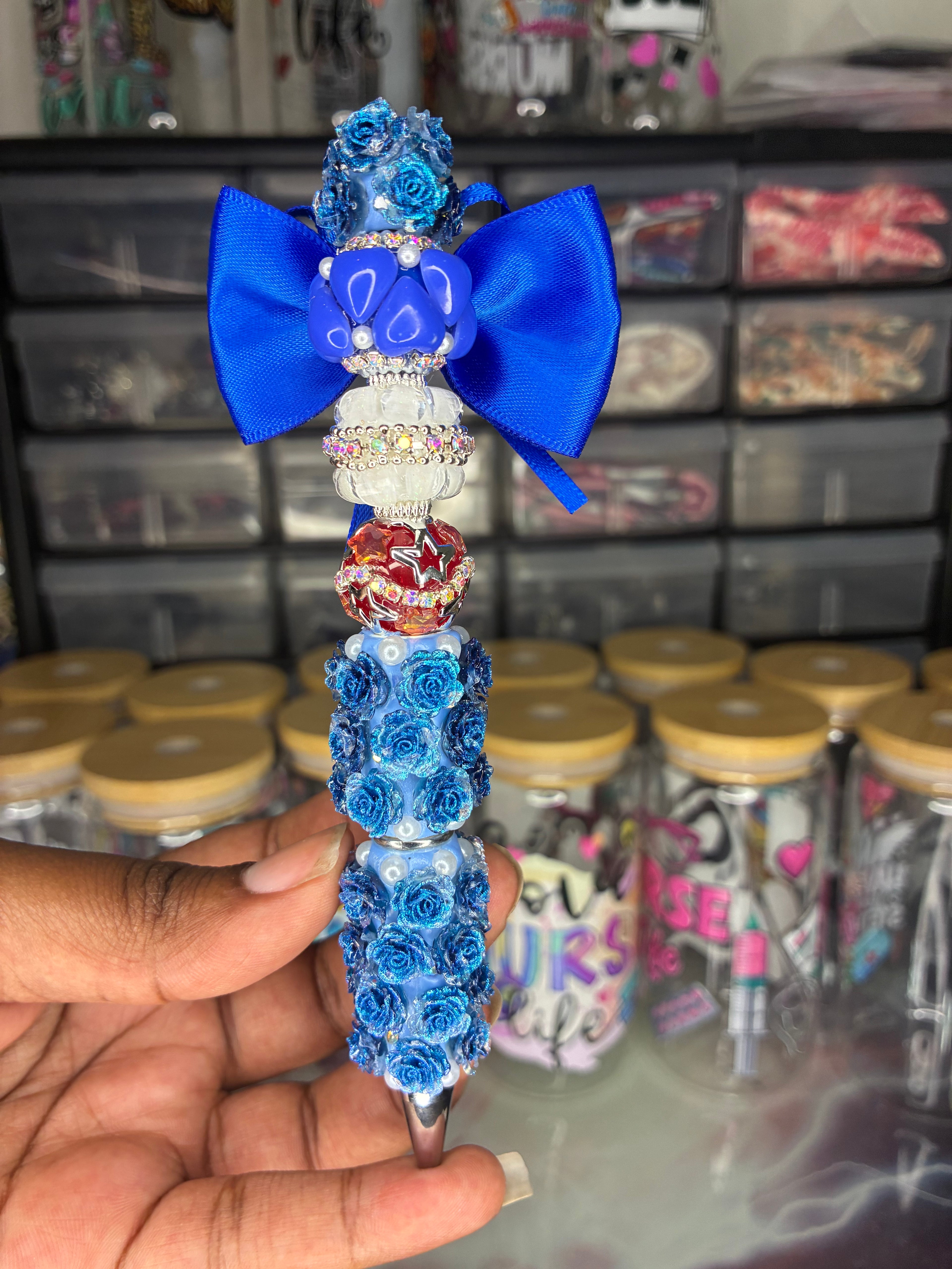 Patriotic Blue Rose Bow Beaded Pen