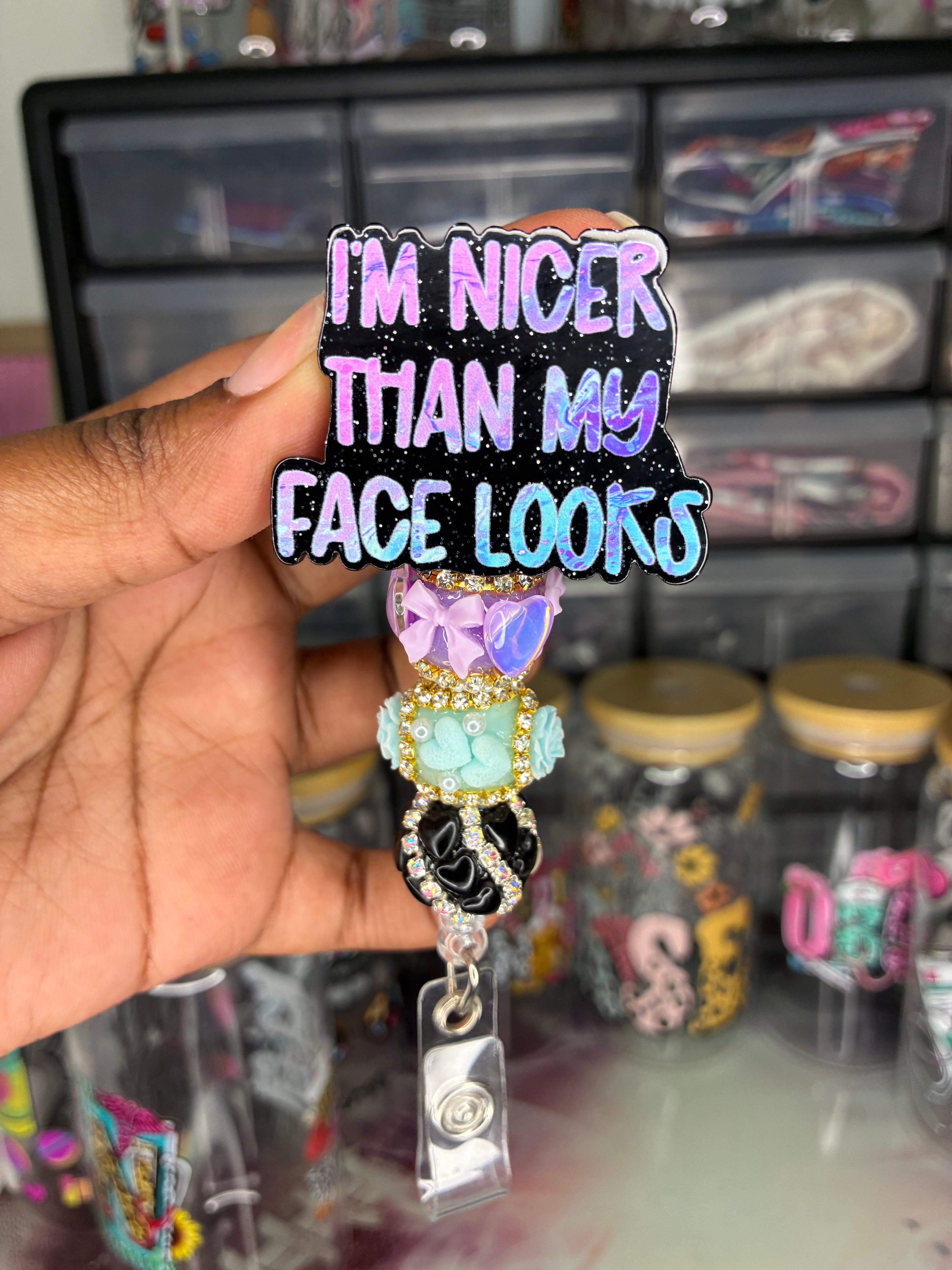 I’m Nicer Than My Face Looks Beaded Badge Reel | Funny Healthcare Badge Holder | Cute Nurse Badge Reel