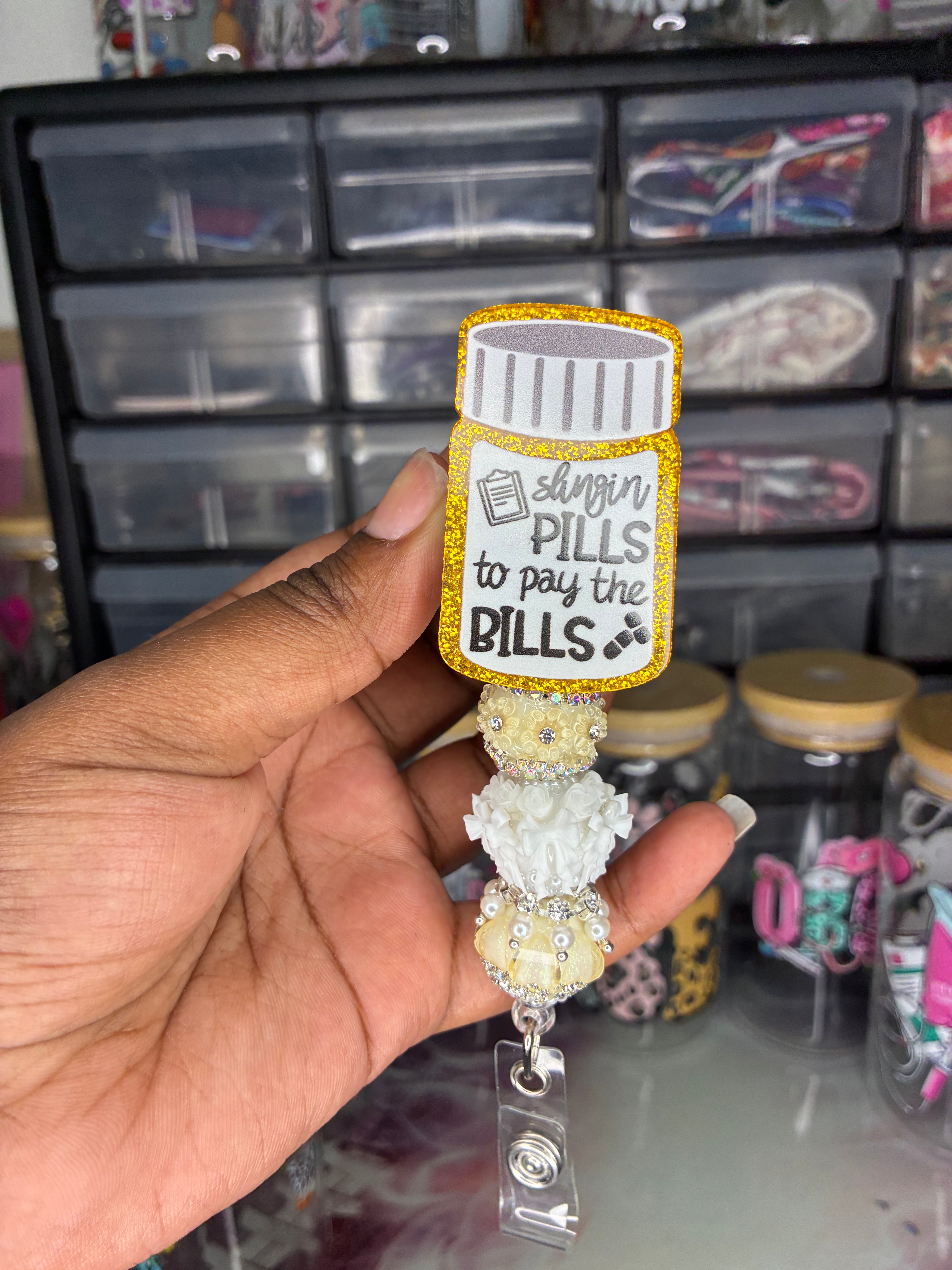 Slingin Pills to Pay the Bills Beaded Badge Reel | Pharmacy Nurse Badge Reel | Funny Healthcare Badge Holder